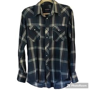 Men’s Vintage Plaid Wrangler 15 x 34 Cowboy Cut Regular Fit Pearl Snap Shirt